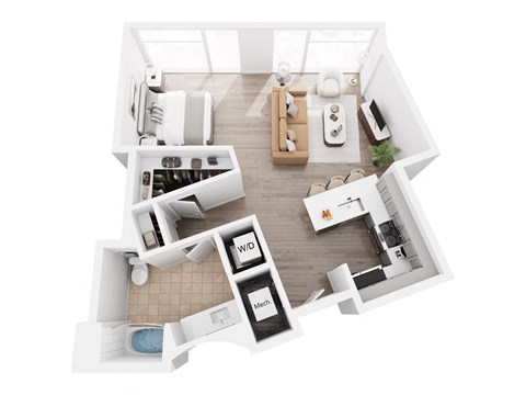 A top-down view of a modern kitchen with a dining area.